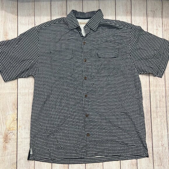 Tommy Bahama Mens Silk Shirt M Black White Geometric Check Short Sleeve Camp - Picture 1 of 13